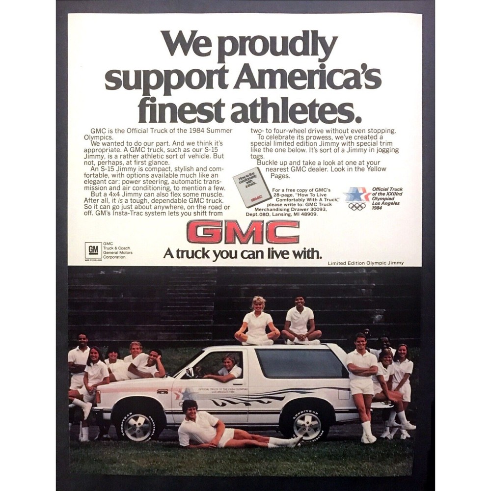 1984 GMC Jimmy Olympic Limited Edition SUV & Olympians photo vintage print ad